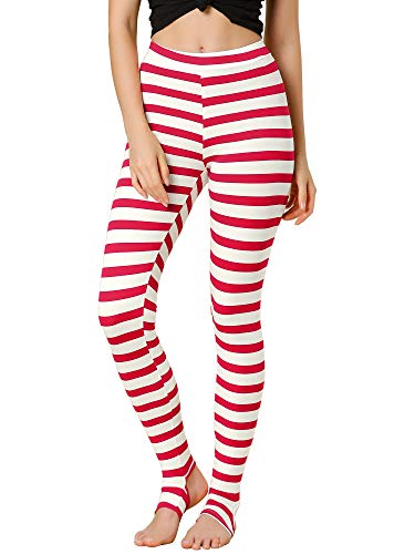 Allegra K Women's Leggings Printed High Waist Elastic Waistband Party Yoga Christmas Stirrup Pants X-Large Red White-Stripe