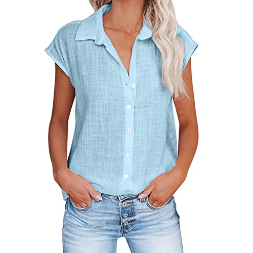 My Orders Placed Recently by me Womens Linen Clothes Juniors Lapel Cap Sleeve Tops Womens Green Tops Dressy Casual v Neck t Shirts Cotton Gauze Button Down Shirts top Deals Today on Prime Blue-2 L