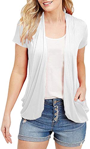 Women's Cardigans Short Sleeve Summer Lightweight Sheer Open Front Drape Casual Blouses Tops White