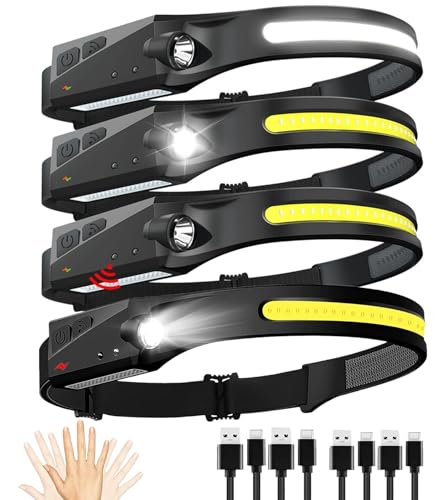 Headlamp Rechargeable, Motion Sensor Head Lamp Camping Accessories, 5 Modes Super Bright Head Light for forehead, Waterproof LED Headlamp for Camping, Hiking, Running, Repairing, Fishing(4 PCS)