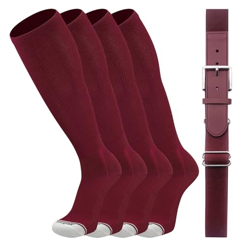 Youper Youth Elite Baseball Socks & Belt Combo (2 Pairs of Socks & 1 Belt) (Medium, Maroon/White)