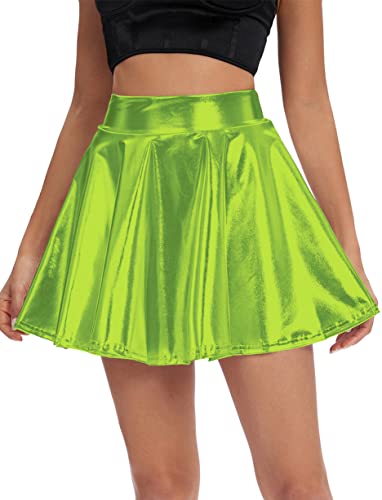 Urban CoCo Women's Shiny Flared Pleated Mini Skater Skirt (M, Candy Green)