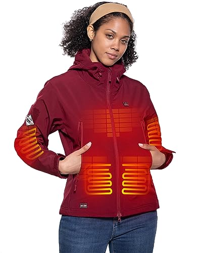 DEWBU Heated Jacket for Women with 12V Battery Pack Winter Outdoor Soft Shell Electric Heating Coat, Women's Red, M