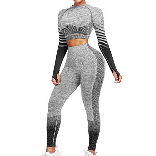 JOYMODE Workout Sets for Women 2 Piece Workout Outfit longsleeve High Waist active wear outfits Seamless Workout Leggings Crop Top for Gym Black