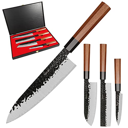 Chef Knife Set, 4pcs Kitchen Knife Set (Japanese Chef Knife, Santoku Knife, Nakiri Knife, Utility Knife), forged from3 Layer 9CR18MOV Clad Steel, w/Octagon Handle & Wooden Gift Box (Knife Set)