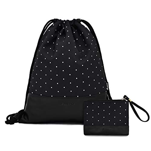 Leapop Drawstring Bag Gym Bag Vegan Leather Sport Backpack with a Coin Purse (Black Polka Dot)