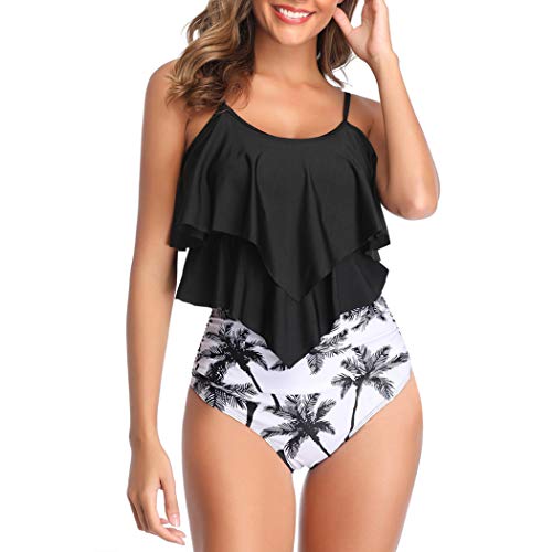 VeMee Bikini Swimsuit for Women High Waisted Bikini Two Piece Tankini Ruffled High Waisted Swimsuits (Black, XL)