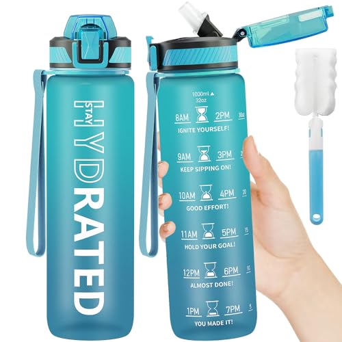 QLUR Water Bottle with Straw, 32 oz Motivational Water Bottles with Time Marker to Drink, Tritan BPA Free, 1L Sports Water Bottle with Carry Strap LeakProof for Women Men Gym Fitness Outdoor (1 Pack)