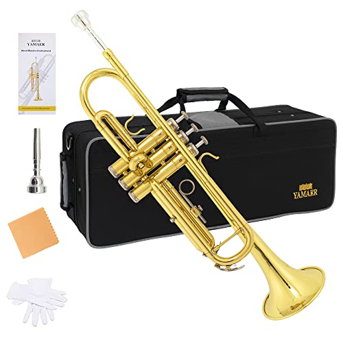 Yamaer Brass Standard Bb Trumpet Instrument with Hard Case,Five Legs Trumpet Stand,Gloves, 7C Mouthpiece and Valve Oil for Student Beginner golden