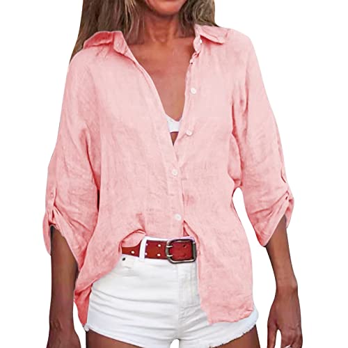 Women Spring and Summer Simple Solid Color Lapel Three Quarter Sleeve Buttons Cardigan Cotton and Tops T (1-Pink, S)