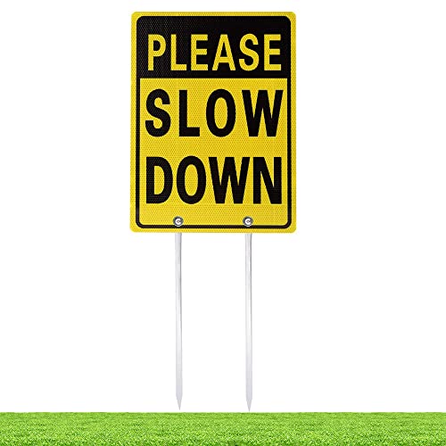 Kichwit Double Sided Aluminum Please Slow Down Sign Reflective Metal Sign with Stakes, Sign Measures 11.8' x 15.8', 14' Long Metal Stakes Included