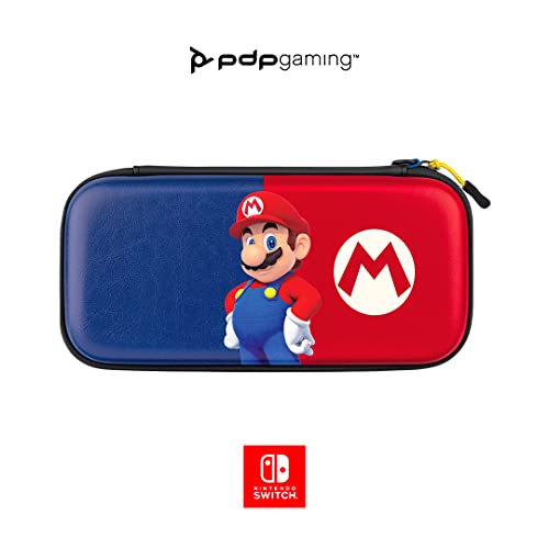 PDP Gaming Officially Licensed Nintendo Switch Slim Deluxe Travel Case - Switch OLED Protective Carrying Case and 14 game holder - Hardshell Protection - Protective Vegan Leather - (Mario Blue / Red)