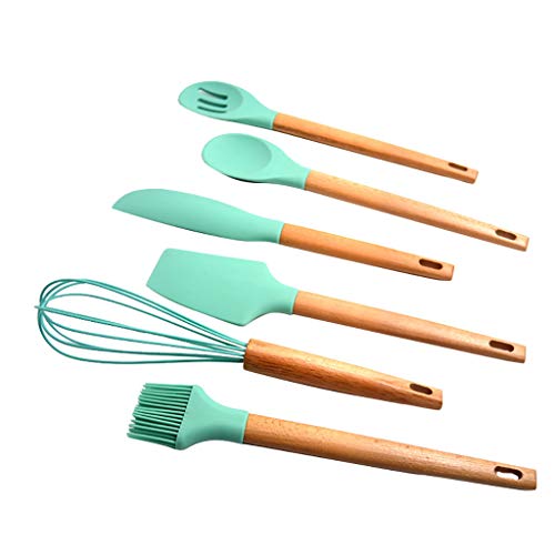 Dergo Cake Spatulas，Silicone Cooking Utensils Set Kitchen Utensil Set Of 6Pcs Wooden Cookin