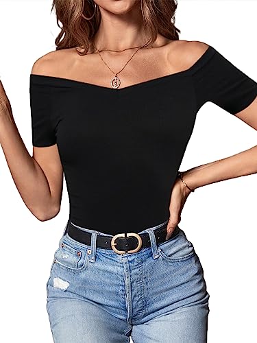LilyCoco Off The Shoulder Bodysuit for Women Short Sleeve Tops Sexy Slimming Body Suits Black Small