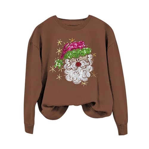 Christams Sweatshirt for Women Cute Santa Sequin Print Casual Loose Crewneck Long Sleeve Hooded Sweatshirt (Coffee, L)