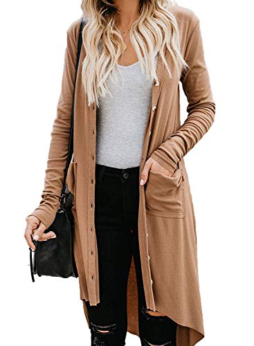 Naggoo Women Open Front Long Cardigans Button Down Long Sleeve Basic V-Neck Breathable Knit Cardigan Khaki,L