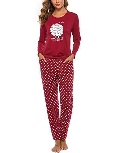 EISHOPEER Womens Long Sleeve Pajamas Set Sheep Printed Sleepwear Pj Lounge Sets Wine Red S