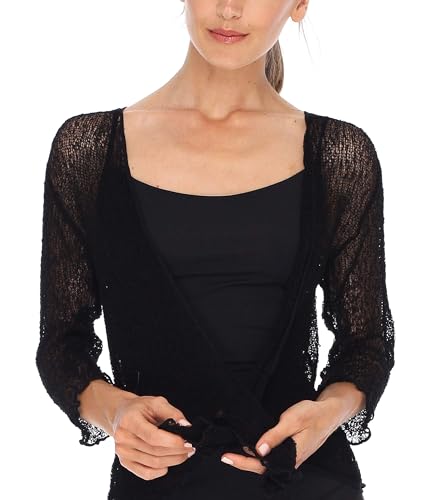 SHU-SHI Womens Sheer Shrug Tie Top Cardigan Lightweight Knit,Black,One Size