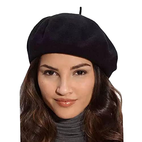 Gllutt Beret Hat Artist French Style Warm Thick 90% Wool Solid Color for Women (Black)