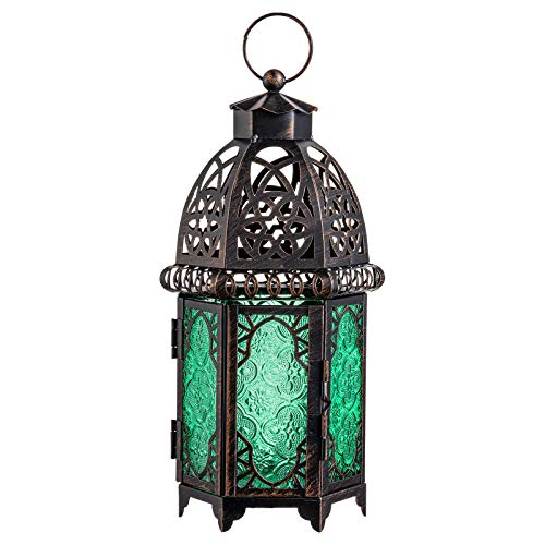 DECORKEY Vintage Candle Lantern,12.8 inch Moroccan Style Decorative Hanging Lantern, Metal Tabletop Lantern, Christmas Candle Holders for Outdoor Patio (Green)