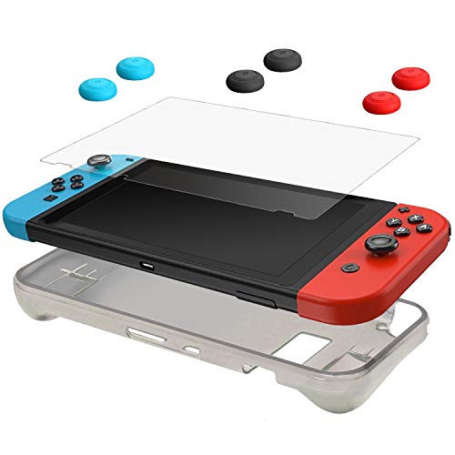 CamKix Protection Kit Compatible with Nintendo Switch: 1x Silicone Sleeve TPU Cover (Black), 1x Anti Scratch Screen Protector and 6x Thumb Grip Cap (2x Red, 2x Blue and 2x Black)