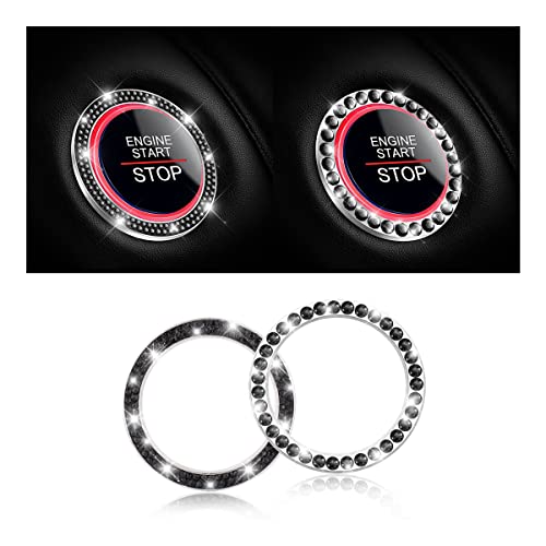 Car Bling Crystal Rhinestone Engine Start Ring Stickers, 1 Single Drainage Drill and 1 Double Drainage Drill Car Start Button Cover, Key Ignition Knob Bling Ring Decals, Bling Car Accessories(Black)