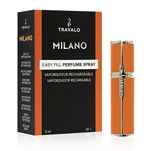 Travalo Milano Perfume Atomizer Travel Refill U-Change System TSA Approved | Reusable Airtight Easy Fill Mini Pump Sprayer Lightweight Portable Vegan Leather w/Polished Metal Outer Shell Orange 0.17oz