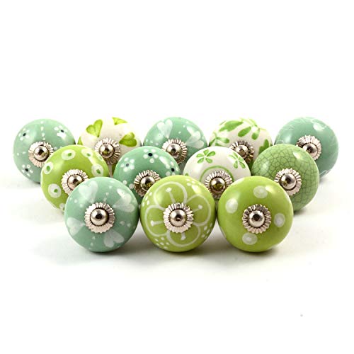 Eleet Handpainted Designer Ceramic Knobs - Pack of 12 Green & White Vintage Cabinet Cupboard Door & Drawer Pulls Chrome Hardware (12, Green & White)