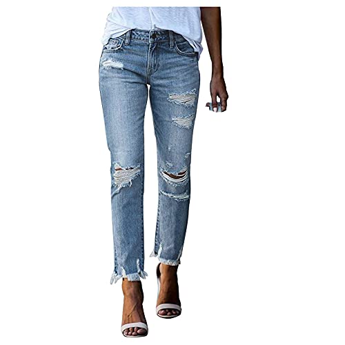 2021 Women's High Waist Ripped Jeans Distressed Denim Pants Frayed Hem Boyfriend Jean Pants Fashion Vintage Straight Leg Trousers