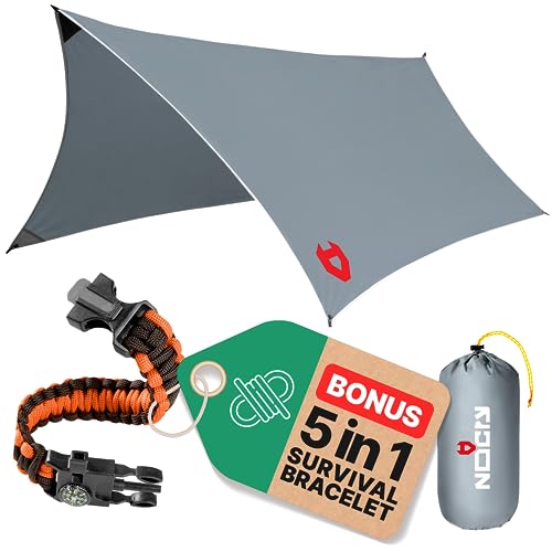 Rain Fly by NoCry 12x10 Lightweight Survival Camping Tarp; 100% Waterproof; Makes a Great Backpacking Tarp or Hammock Shelter; Comes in Multiple Colors, Survival Bracelet Included; Grey