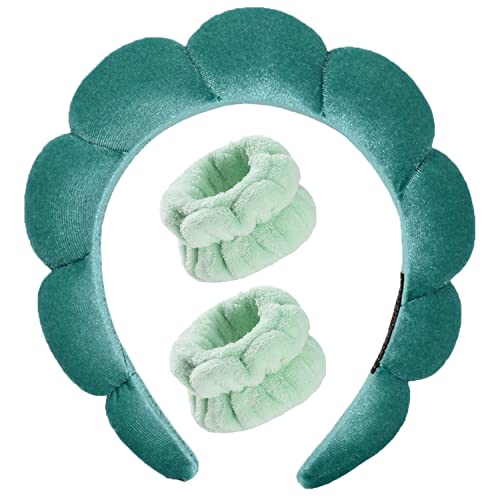 MUZOXEN Spa Headband for Washing Face, Velvet Makeup Headband, Skincare Headbands with Face Wash Wristbands, Sponge Puffy Headband for Women Skin Care - Green