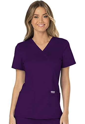 Mock Wrap Top Scrubs for Women Workwear Revolution, Soft Stretch, Easy Care WW610, M, Eggplant
