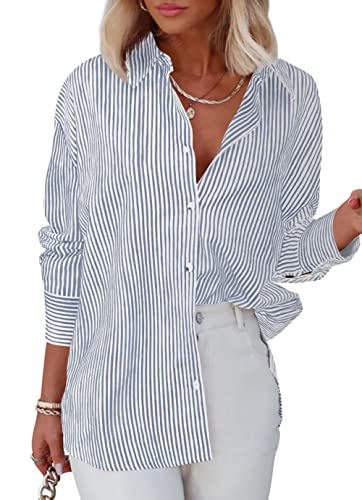 Diosun Womens Striped Button Down Shirts Classic Long Sleeve Stylish Collared Office Work Blouses Tops (Large, Grey)