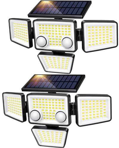 Solar Outdoor Lights - 3000LM 188 LED Motion Sensor Outdoor Lights, 4 Heads IP65 Waterproof Powered Security Flood Lights, 270°Wide Lighting Angle Wall Light with Sensors for Backyard Yard