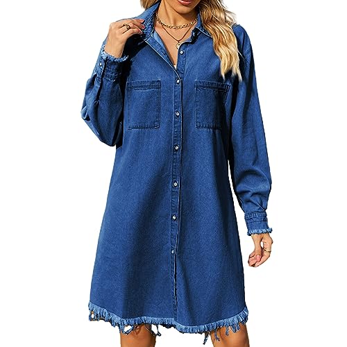Womens Denim Shirt Dresses Long Sleeve Vintage Distressed Button Down Casual Jean Dress with Pockets Dark Blue S