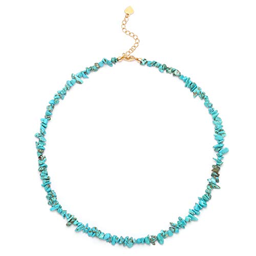 Aobei Pearl Genuine Turquoise Choker Blue Howlite Chip Beaded Necklace Summer Beach Gemstone Jewelry for Women 15’’