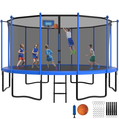 YORIN Tranpolin 12FT Tranpoline for Kids and Adults, Outdoor Tranpoline with Basketball Hoop, Enclosure Net, Back Yard Heavy Duty Recreational Tranpolines, ASTM Approved, Beautiful Blue