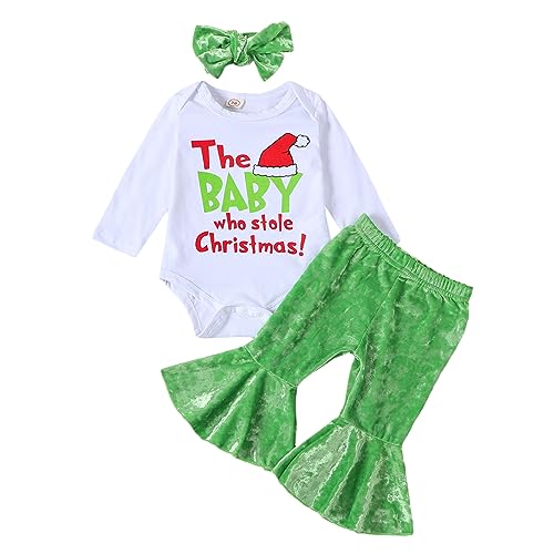 Muasaaluxi Newborn Baby Girl Christmas Outfit The Baby Who Stole Christmas Romper Onesie Flared Pants Headband Set 0-18M (White Green, 0-3 Months)