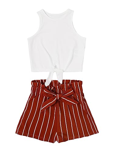 OYOANGLE Girl's 2 Piece Outfits Summer Tie Knot Tank Top and Paperbag Waist Striped Shorts Set White and Burgundy 11-12Y