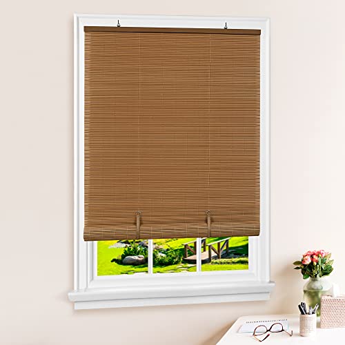 Cordless Solstice Vinyl Roll-Up Blind - 72 Inch Width, 72 Inch Length, Quarter Inch Vinyl Slats - Woodtone - Soft Light Filtering Horizontal Windows Blinds for Indoor & Ourdoor by Achim Home Decor