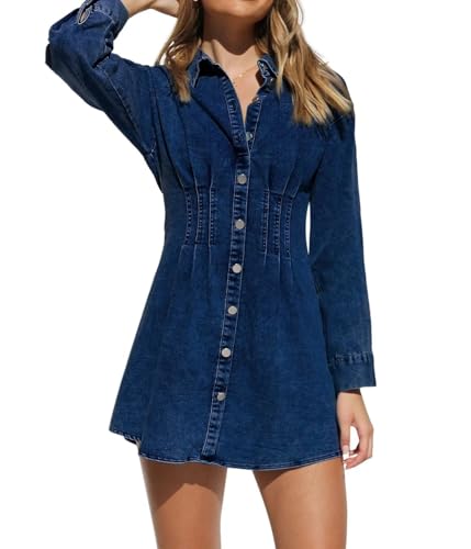 KDF Summer Denim Dress for Women Long Sleeve Slim Fit Jean Dresses for Women 2023 Casual Mini Dress Navy Blue Size Meidum Size 8 Size 10