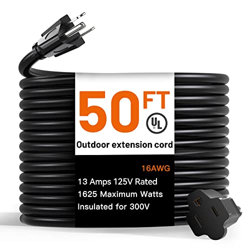 50 Feet Outdoor Extension Cord Waterproof, Black Extreme All Weather 16 Gauge Extensions Cord with Covers, Flexible 100% Copper 3 Prong Extension Cord for Lawn, Garage, UL Listed