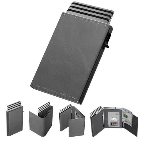 typecase Mens Wallet Card Holder: Pop Up Aluminum Case, Carbon Fiber Leather, Smart, RFID Blocking, Slim, Minimalist, Front Pocket - 9-14 Card Capacity | ID Window | Cash Slot(Grey)