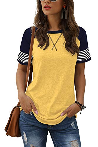 Adibosy Women Summer Casual Shirts: Short Sleeve Striped Tunic Tops - Womens Color Block Tee Tshirt Blouses Yellow XXL