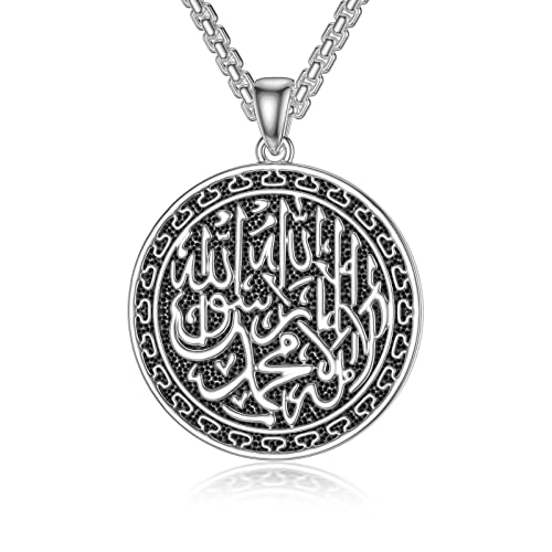 LELOUCHY Islamic Pendant Necklace for Men Women 925 Sterling Silver Allah Necklace Muslim Islam Pendant Jewelry Gift for Father Men Women - 22+2 In Stainless Steel Chain