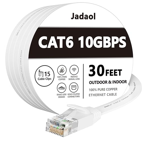 Cat 6 Ethernet Cable 30 ft, Outdoor&Indoor, 10Gbps Support Cat8 Cat7 Network, Slim Long Flat Internet LAN Patch Cord, Cat6 High Speed Weatherproof Cable for Router, Modem, PS4/5, Xbox, Gaming, White