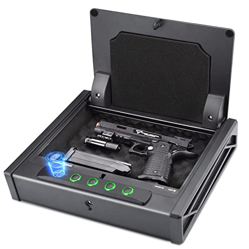SOULYI Biometric Fingerprint Gun Safe for 3 Pistols Safe DOJ Certified with 3 Quick Access Handgun Safe,Digital Keypad Matt Black Bedside Firearm Safety Car Safe Hardened Steel Lock Box
