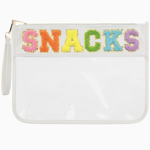 Burskit Snack Bag Clear Chenille Varsity Letter Zipper Pouch for Travel Nylon Clear Cosmetic Bag Makeup Travel Bag for Women (White-Snacks)