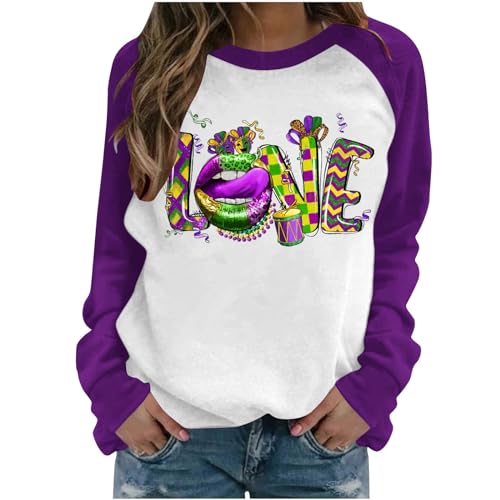 mardi gras tshirts recent orders Mardi Gras Outfits for Women Raglan Sleeve Crewneck Top Shirts Funny Graphic Print Sweatshirts Loose Fit 2024 Travel Clothes Purple 2X