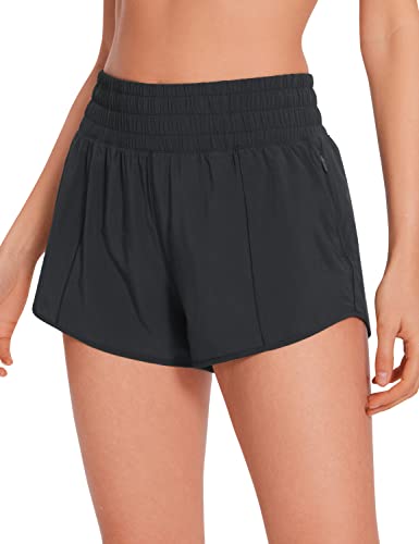 CRZ YOGA High Waisted Running Shorts for Women 2.5' - Mesh Liner Quick Dry Sport Athletic Workout Shorts with Zipper Pocket Black Medium